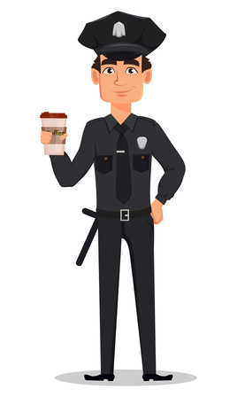Police officer, policeman with a cup of coffee. Smiling cartoon character cop. Vector illustration isolated on white background
